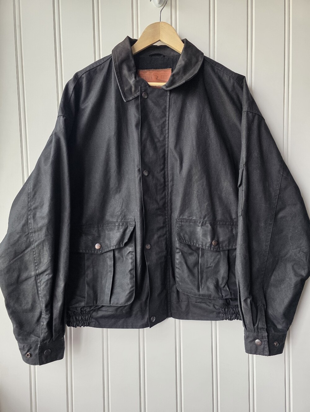 Outback Trail Foxfire Aussie Pathfinder Black Waxed Oilskin Bomber Jacket Mens L